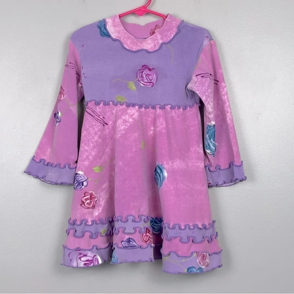 Indygo Artwear pink & purple handpainted floral ruffled 2 piece set, size 4.
